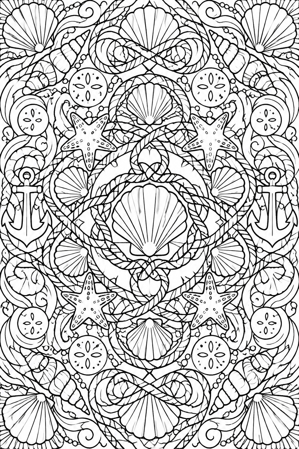 Intricate black and white coloring page with seashells, starfish, anchors, and ropes in circular pattern.