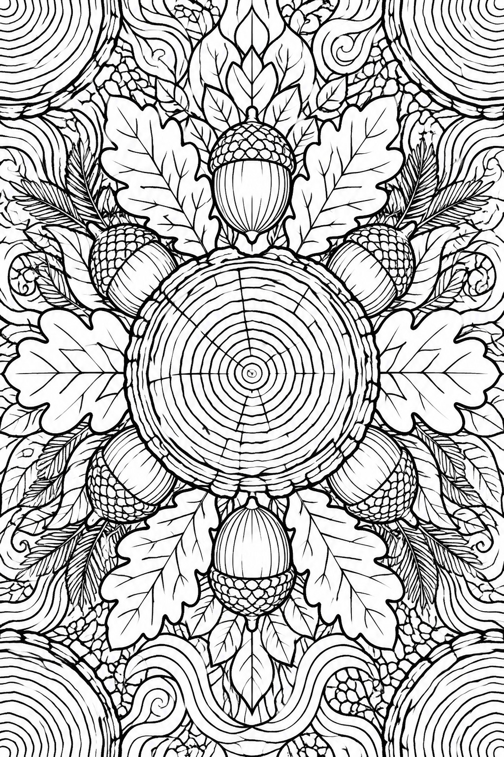 Intricate black-and-white mandala with central tree rings, acorns, and oak leaves
