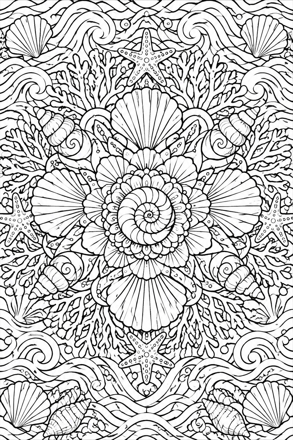 Intricate black and white mandala of seashells, starfish, coral, and ocean waves