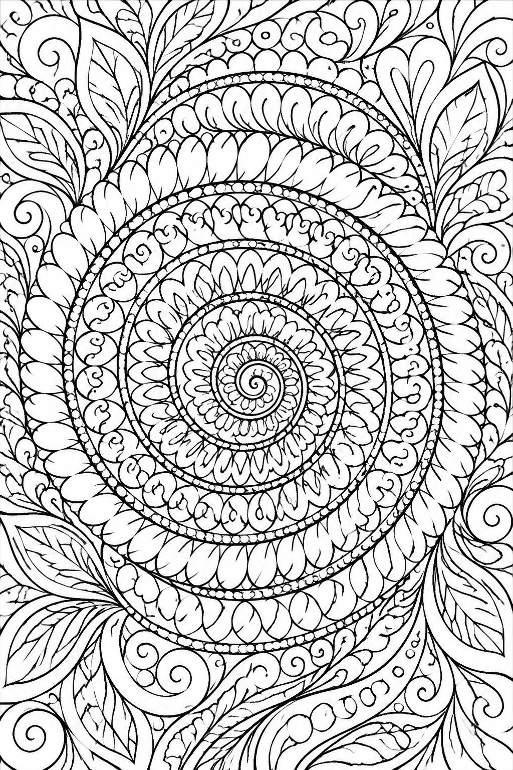 Intricate black-and-white mandala with layered petals, dotted rings, and swirling leaves.