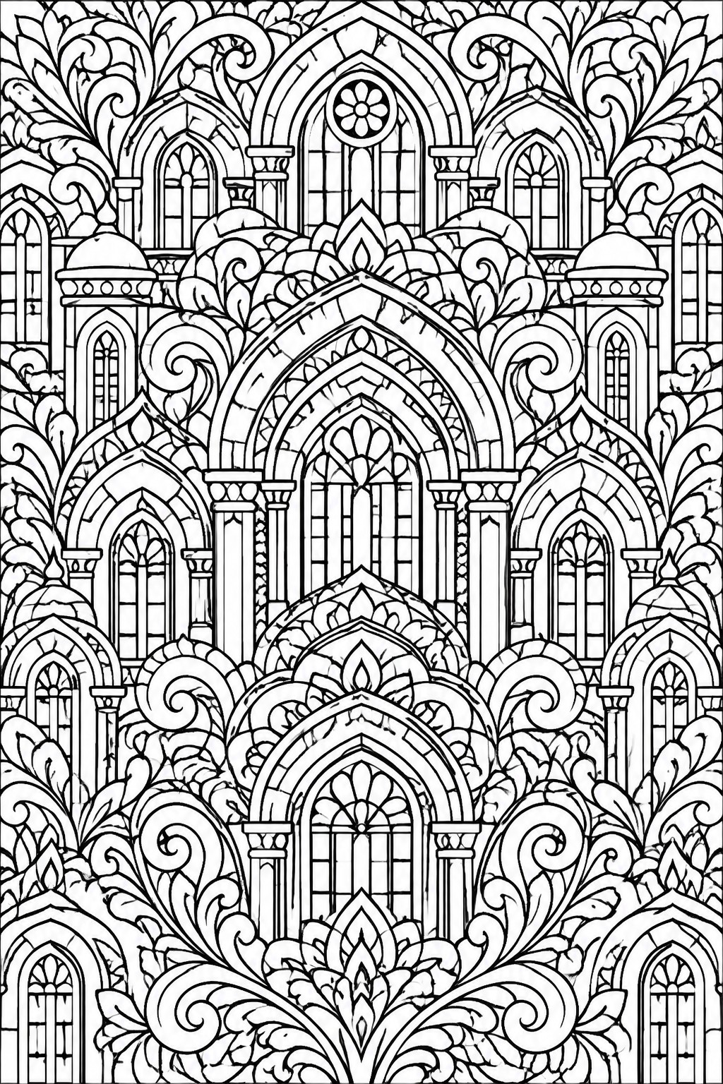 Intricate black and white line art of ornate Gothic arches, domes, and windows.