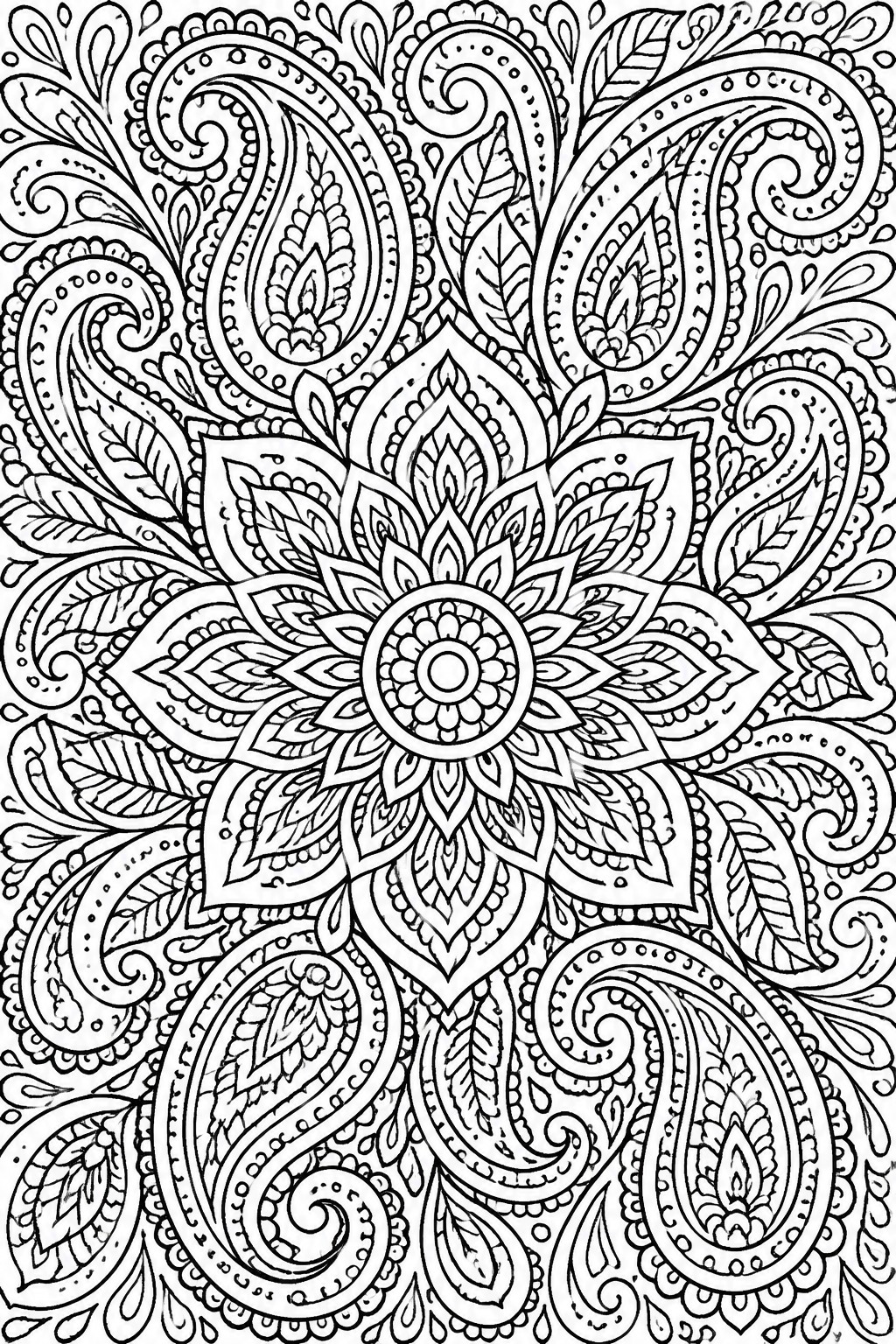 Intricate black and white mandala with paisley swirls, leaves, and floral motifs