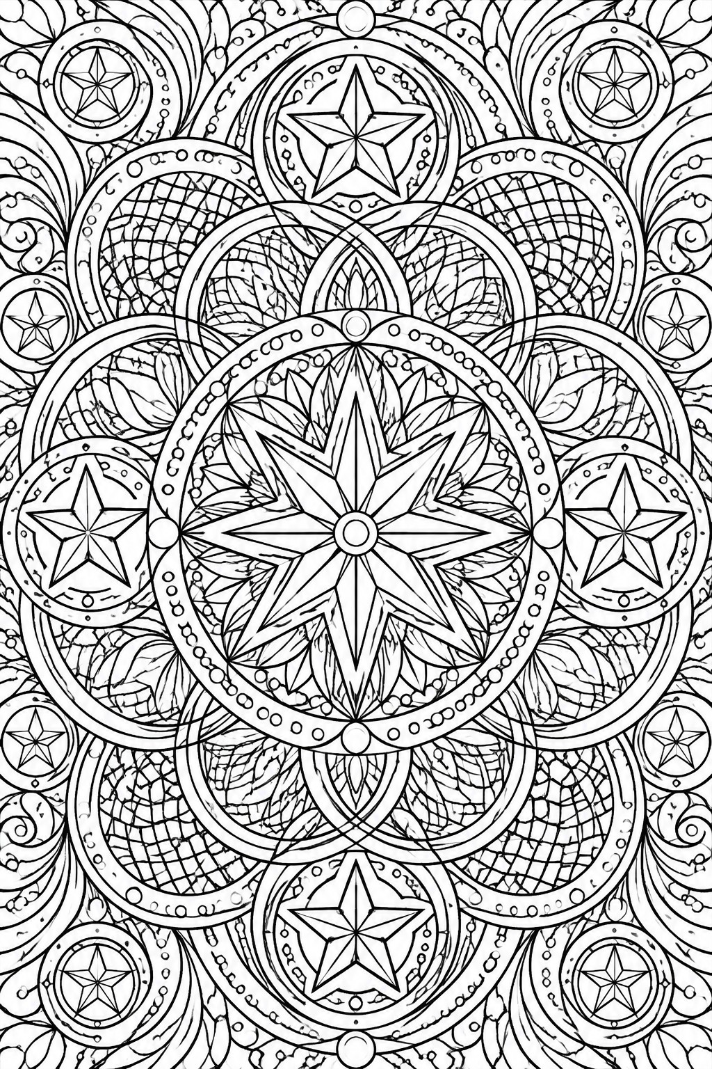 A black and white mandala coloring page featuring a large central star surrounded by smaller stars inside layered circles with crosshatch and leaf patterns.