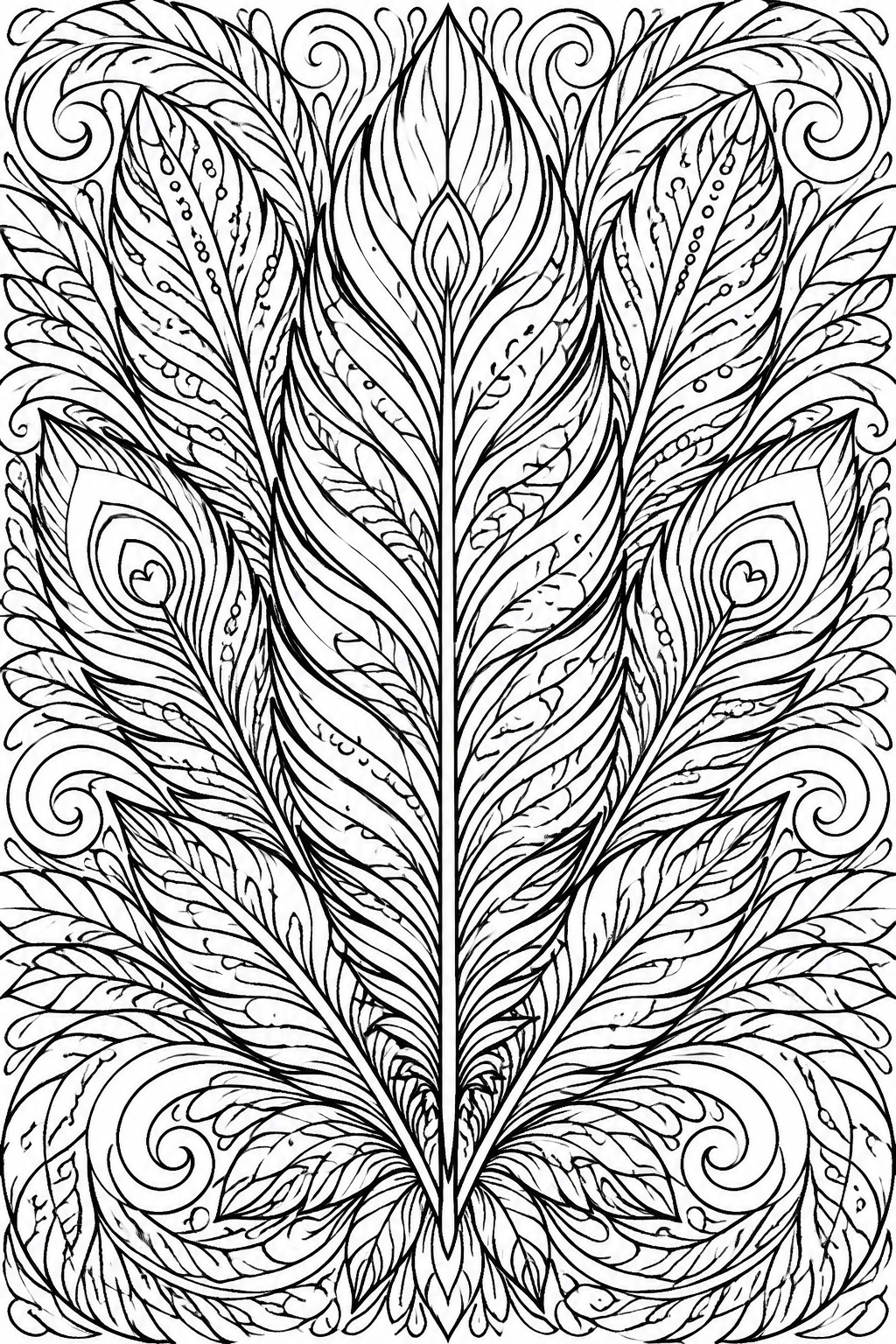 Intricate symmetrical peacock feathers in detailed black and white line art.