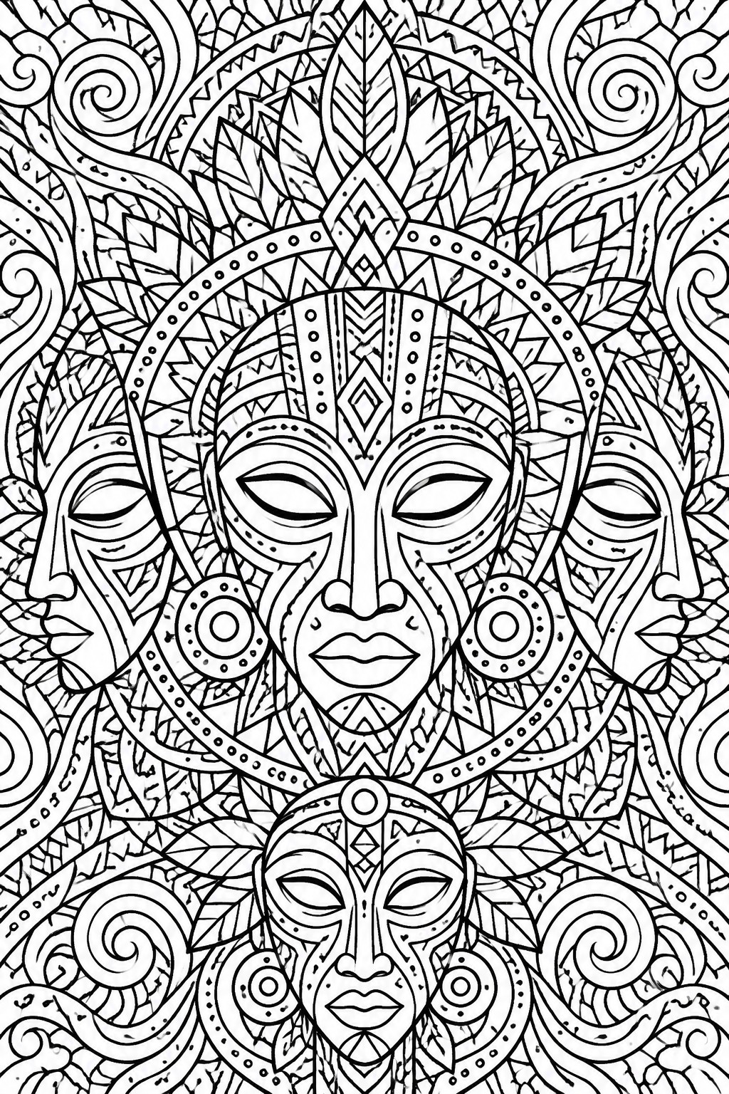 Intricate black-and-white tribal masks with patterns, leaves, and swirls.