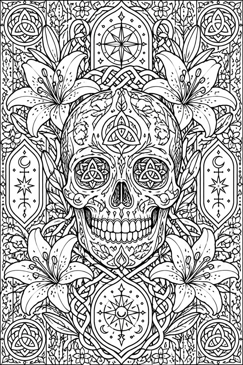 A black and white coloring page of a central skull with triquetra symbols in the eyes, surrounded by lilies, Celtic knots, compass roses, and occult symbols in ornate frames.