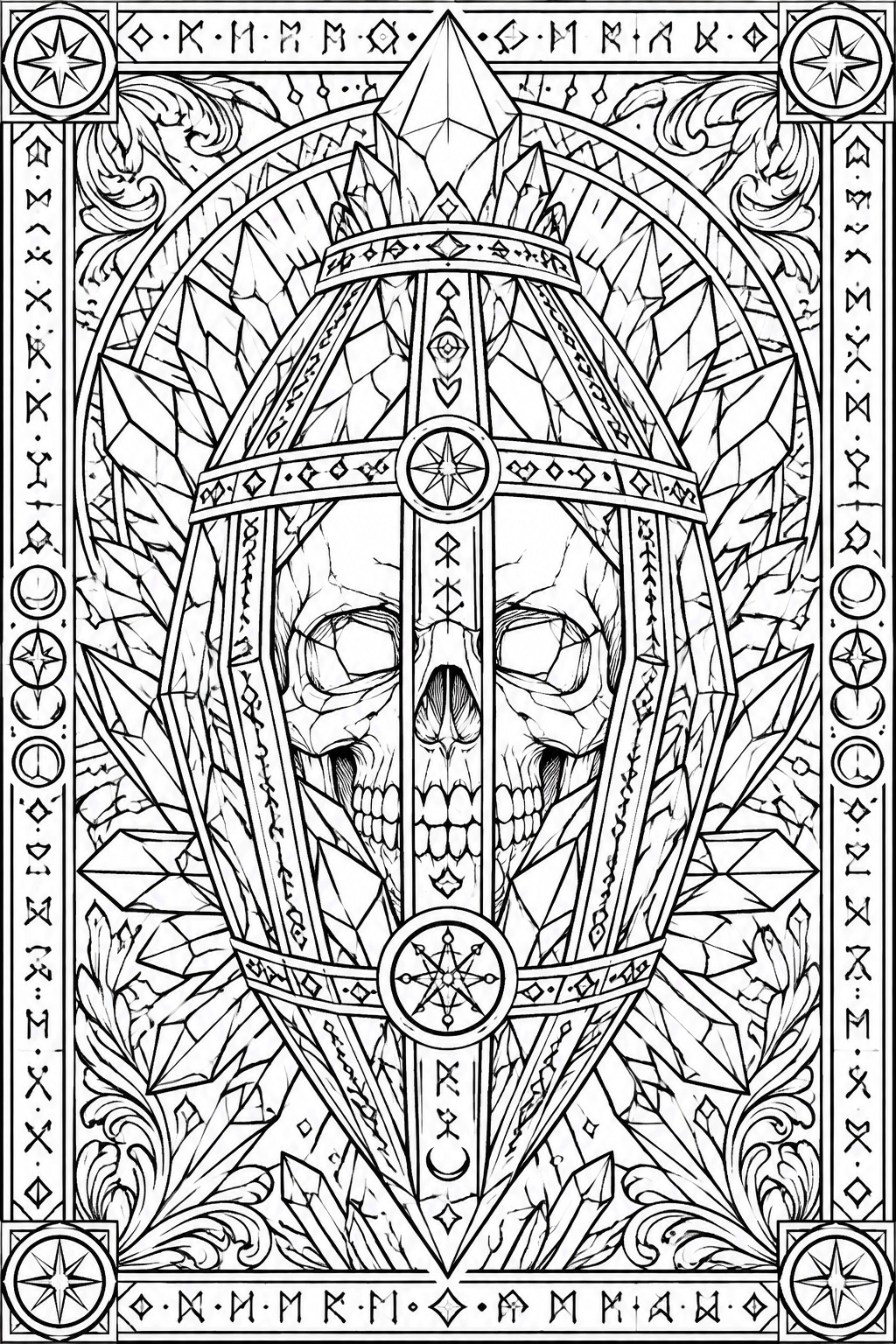 Two skulls in ornate crystal dome with runes, stars, moons, and geometric patterns.