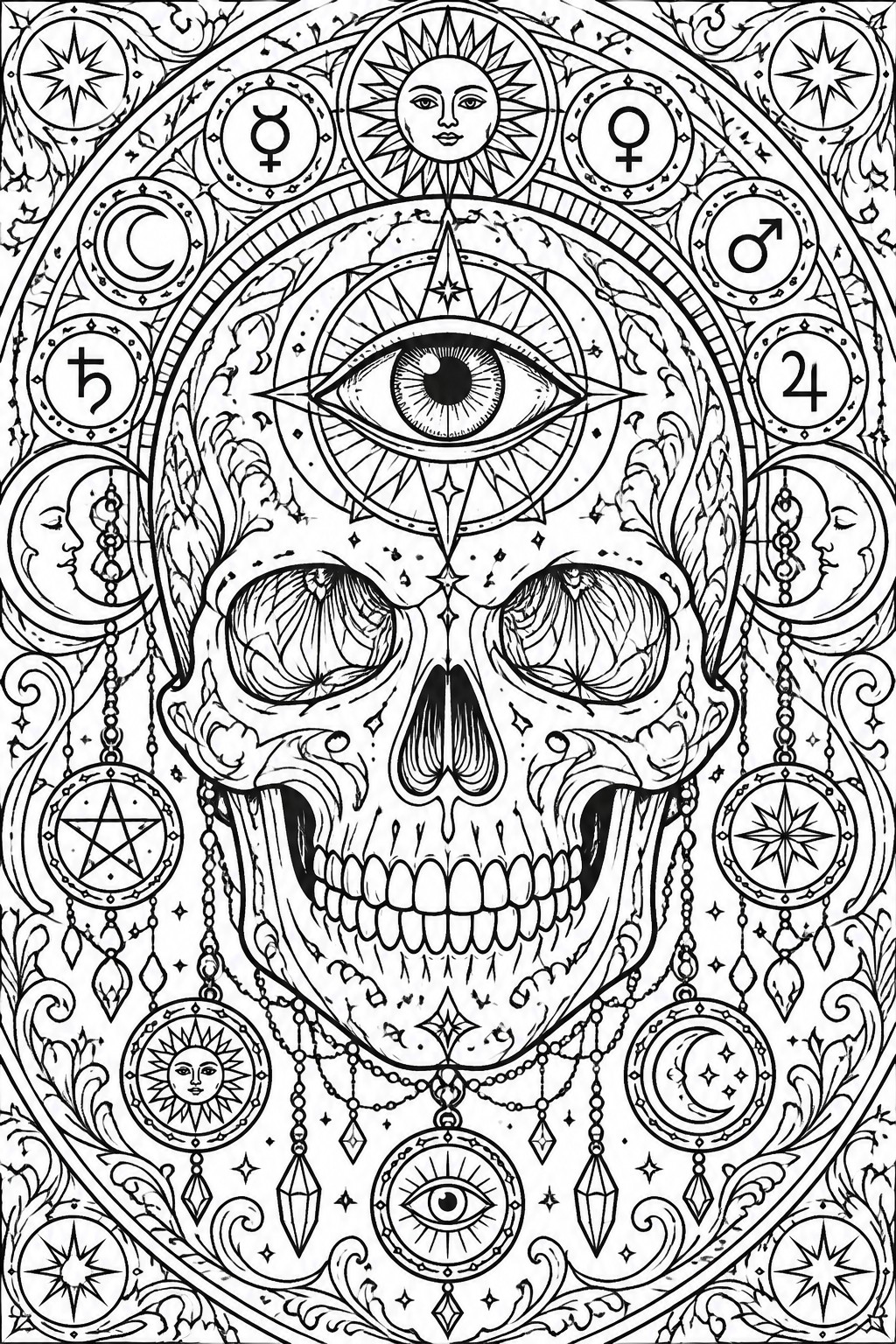 Intricate black-and-white mandala of skull with central all-seeing eye and astrological symbols