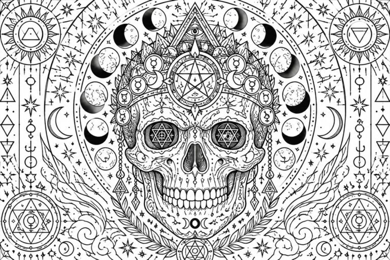 Intricate black-and-white skull with hexagram eyes, moons, pentagrams, and sacred geometry mandala.