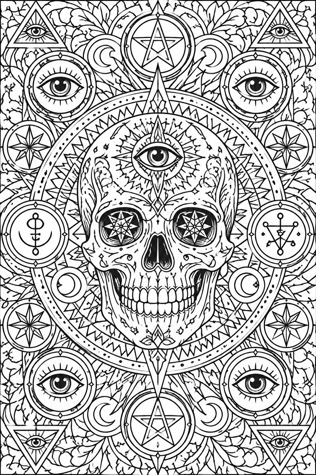 A black and white coloring page shows a central skull with pentagram eyes and a third eye on the forehead, surrounded by concentric circles containing moons, stars, triangles with eyes, and other occult symbols.