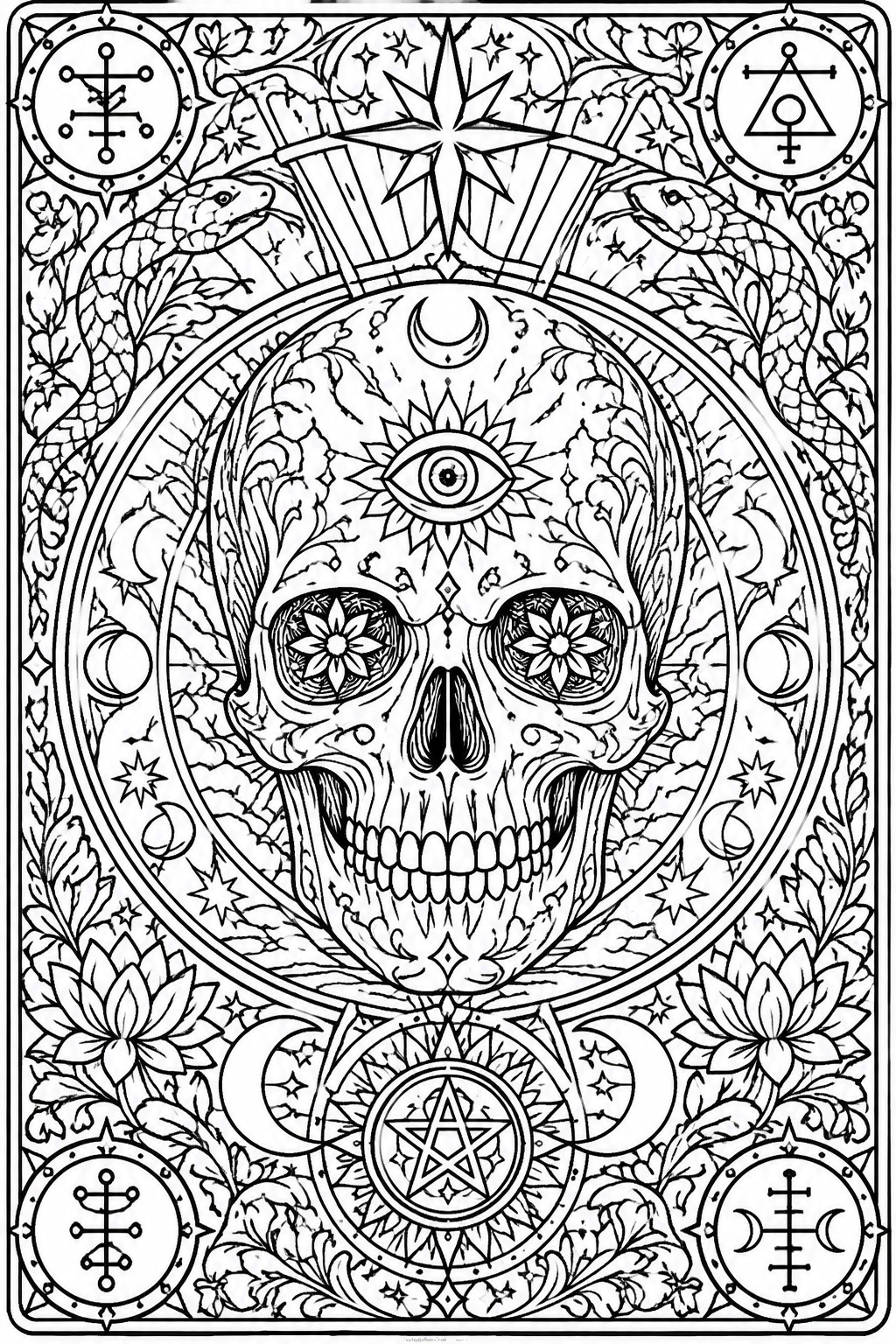 Ornate skull with third eye, snakes, moons, stars, and pentagram in intricate line art