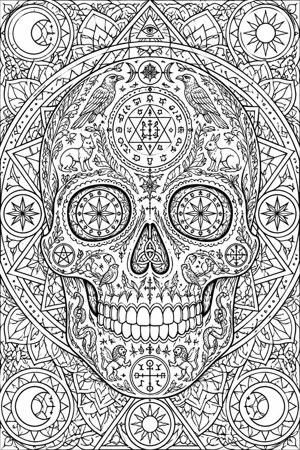 Intricate black-and-white skull mandala with ravens, snakes, lions, and occult symbols.