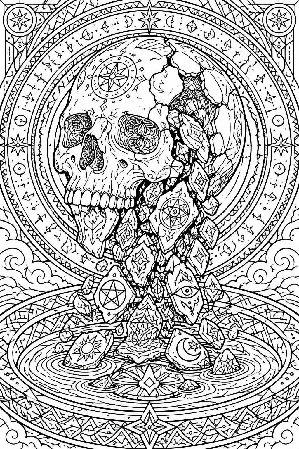 Cracked skull with crystals and occult symbols in ornate celestial mandala frame