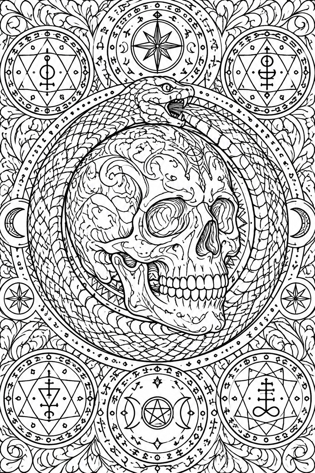 Ornate black-and-white illustration of a skull coiled by a serpent amid occult symbols.