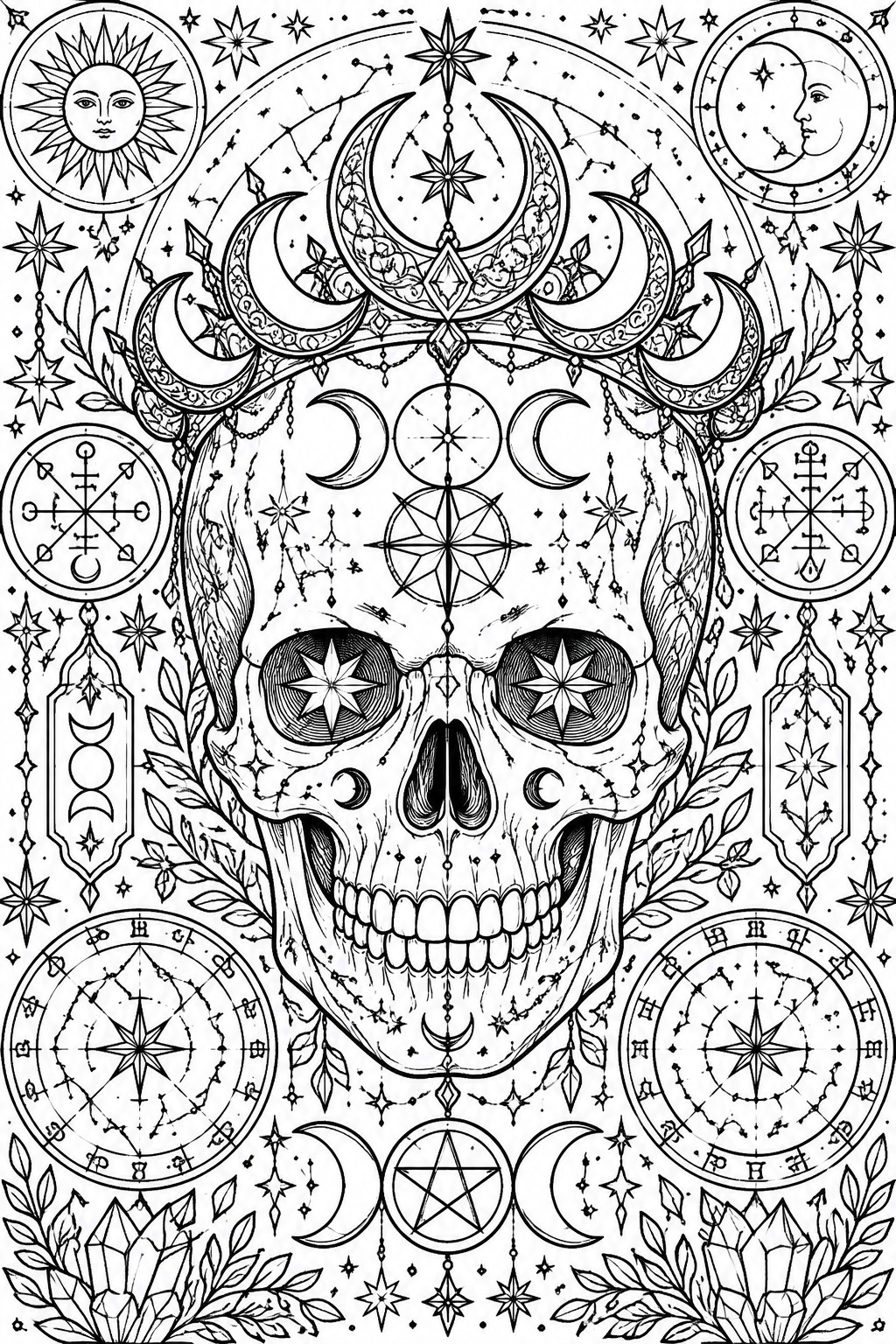 A black and white line drawing of a detailed human skull surrounded by crescent moons, stars, a pentagram, crystals, and circular occult symbols.