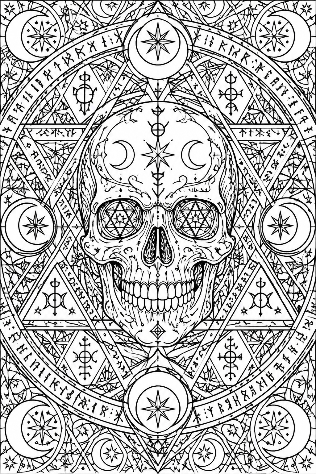 A black and white line art coloring page shows a central skull with pentagram eyes, surrounded by layered circles, triangles, moons, stars, and runes in a symmetrical mandala composition.