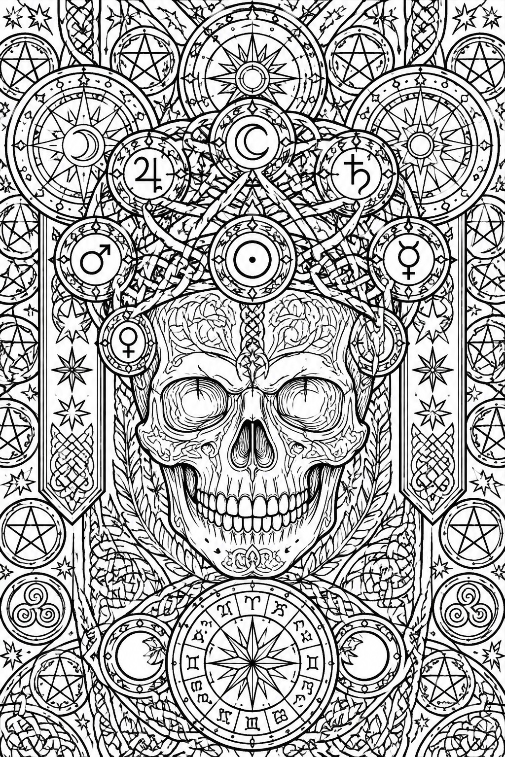 Black and white coloring page showing a detailed human skull centered among circles of pentagrams, planetary symbols, zodiac wheel, and stars.