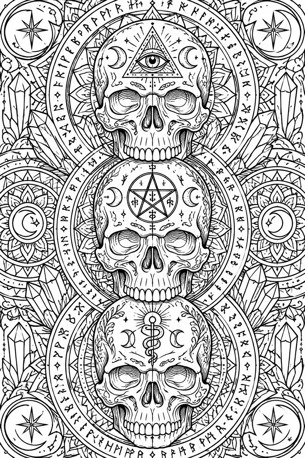 Three stacked skulls with occult symbols amid crystals, moons, and mandala patterns in line art.