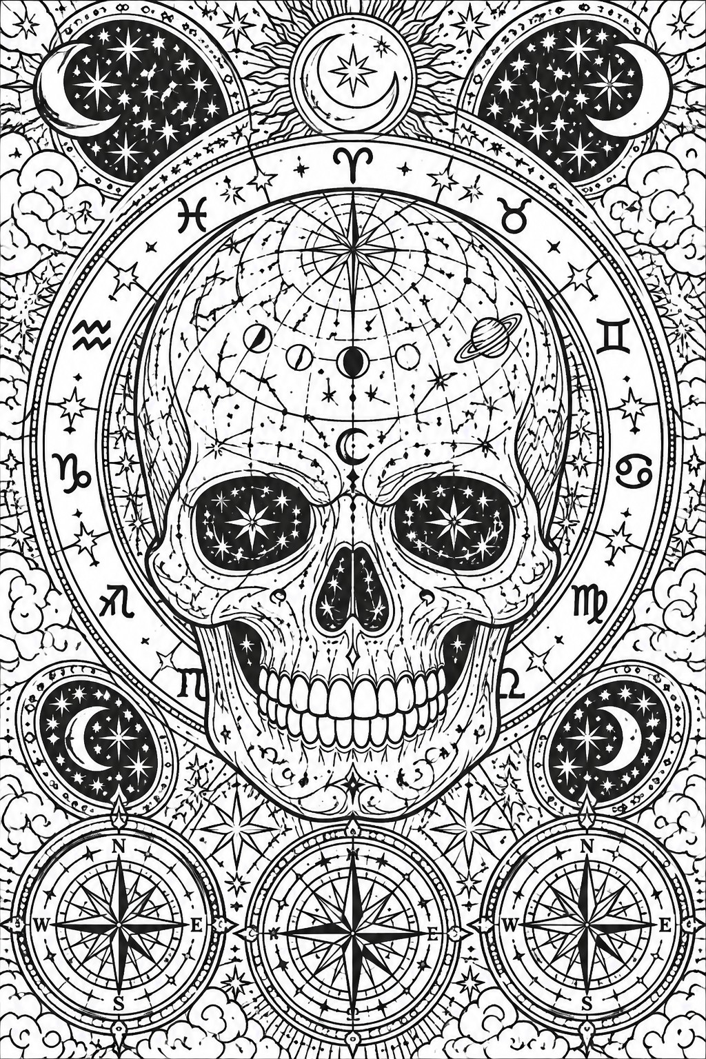 A black and white line art coloring page showing a central skull with constellation patterns inside a zodiac circle, surrounded by planets, moons, stars, and three compasses at the bottom.