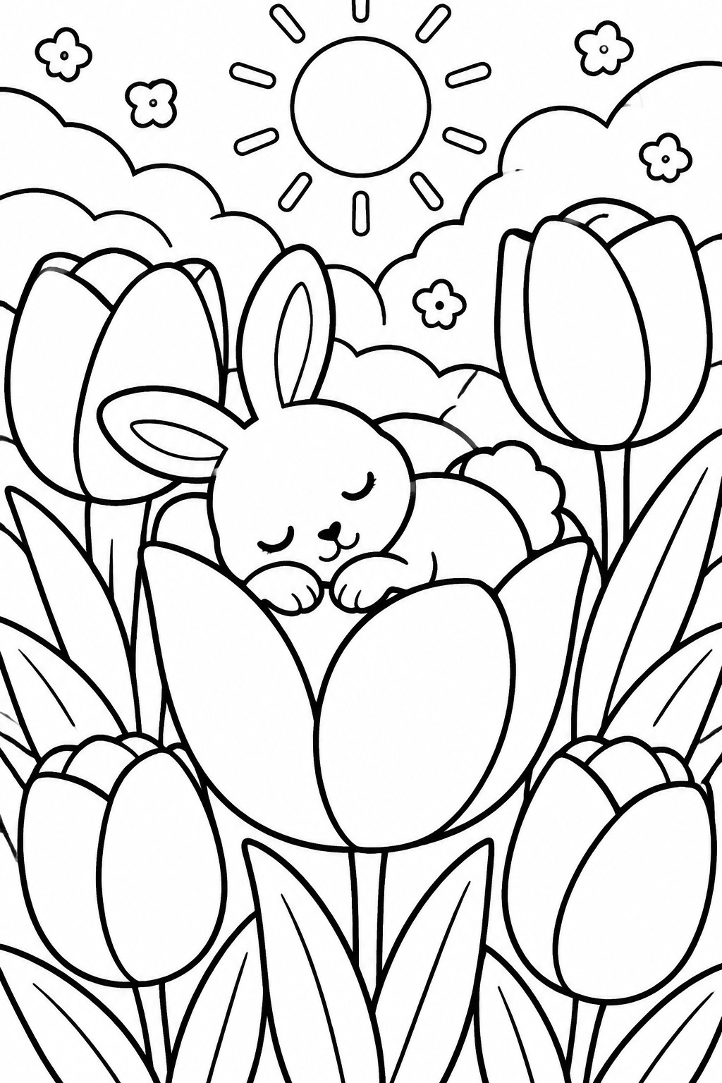 Cartoon bunny sleeping among large tulips under a bright sun with clouds and flowers.