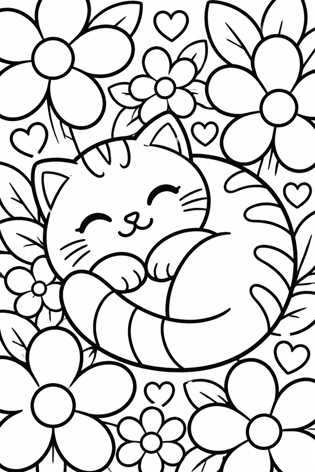 Cute cartoon cat curled up among flowers, leaves, and hearts in line art