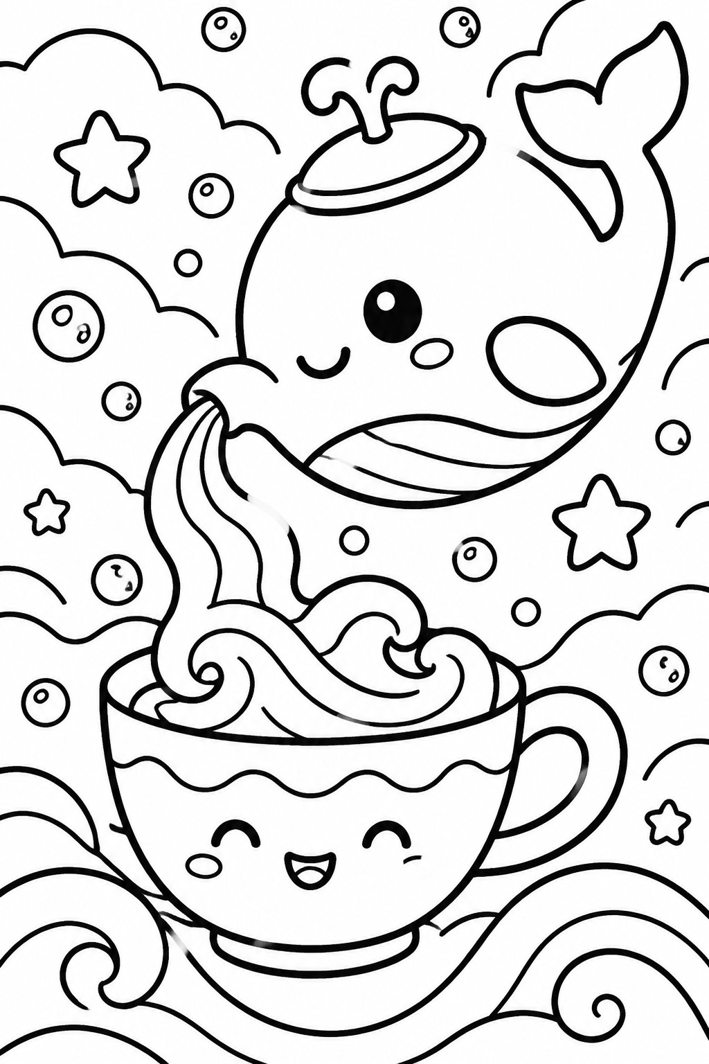 A black and white line drawing shows a cute whale above a smiling teacup with waves, stars, and bubbles filling the scene.