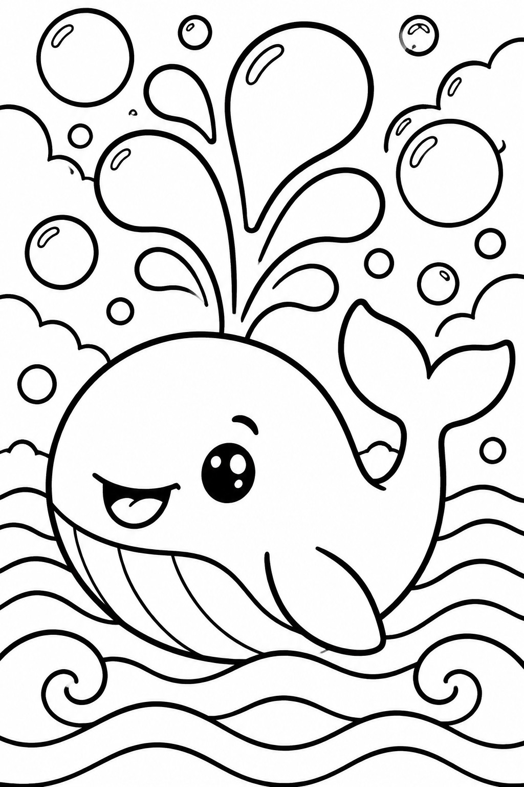 Cute cartoon whale splashing in waves amid bubbles, black and white coloring page