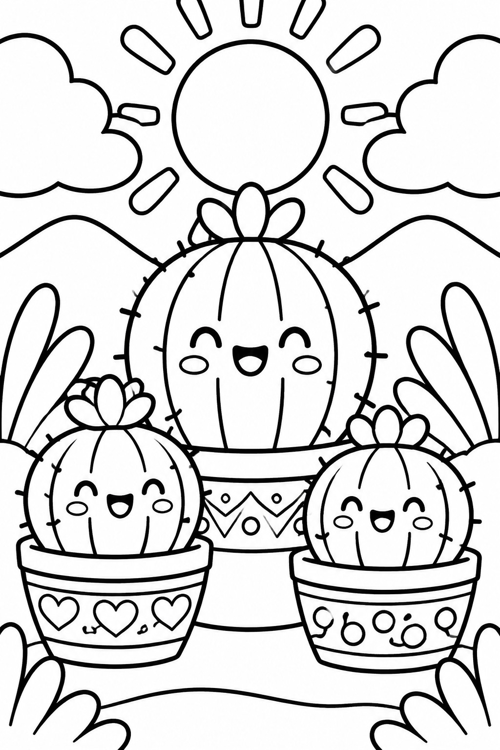 Three smiling cartoon cacti in decorated pots under sun with clouds and hills