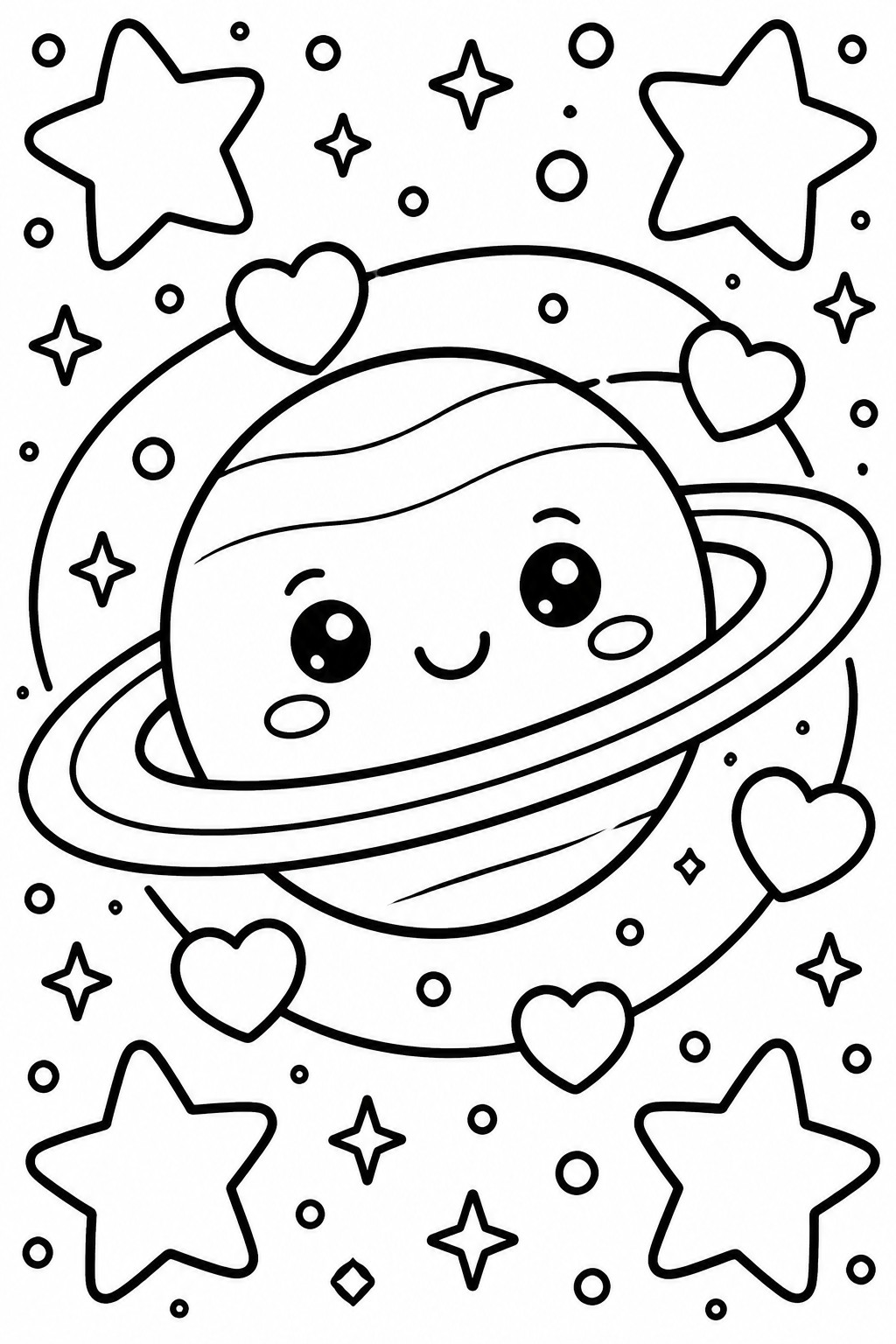 Black and white line drawing of a cute cartoon Saturn with a smiling face, rings, stars, and hearts.