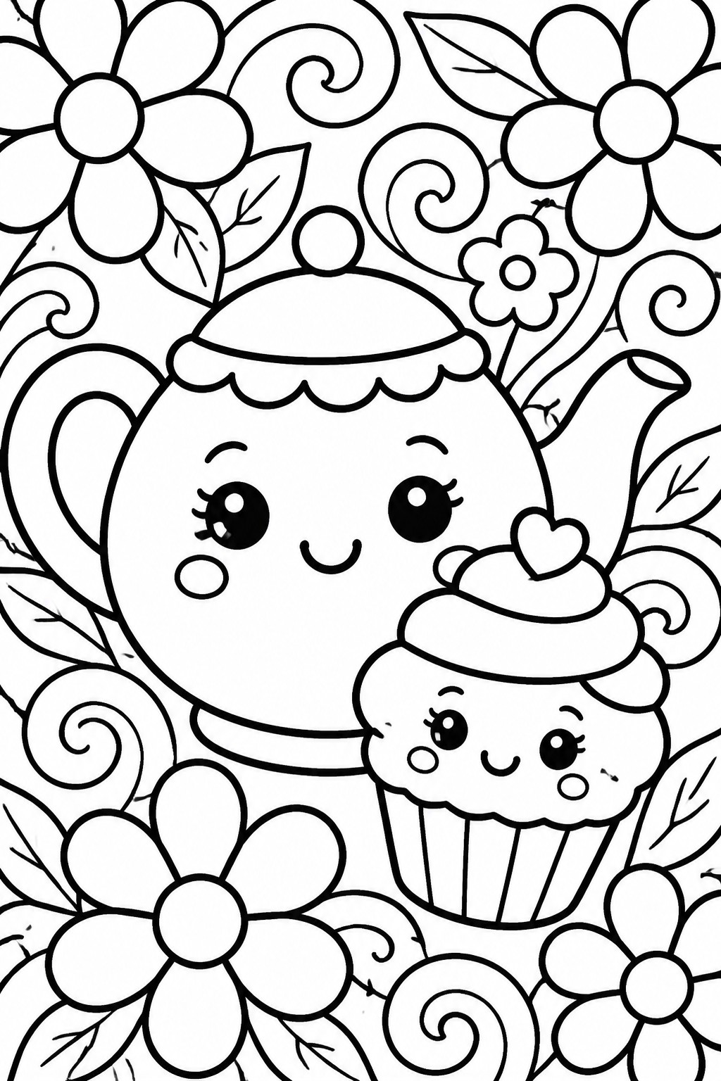Adorable cartoon teapot and cupcake with smiling faces amid flowers and swirls