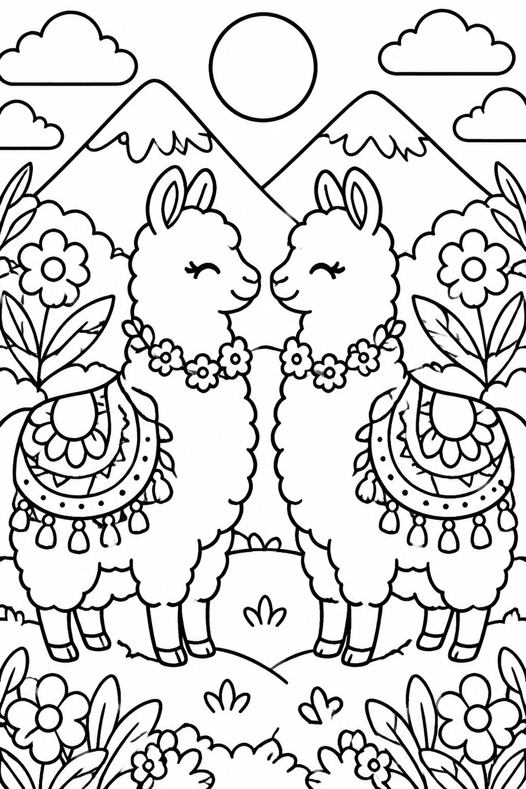 Two flower-necklaced llamas with ornate saddles stand amid mountains, sun, and flowers.