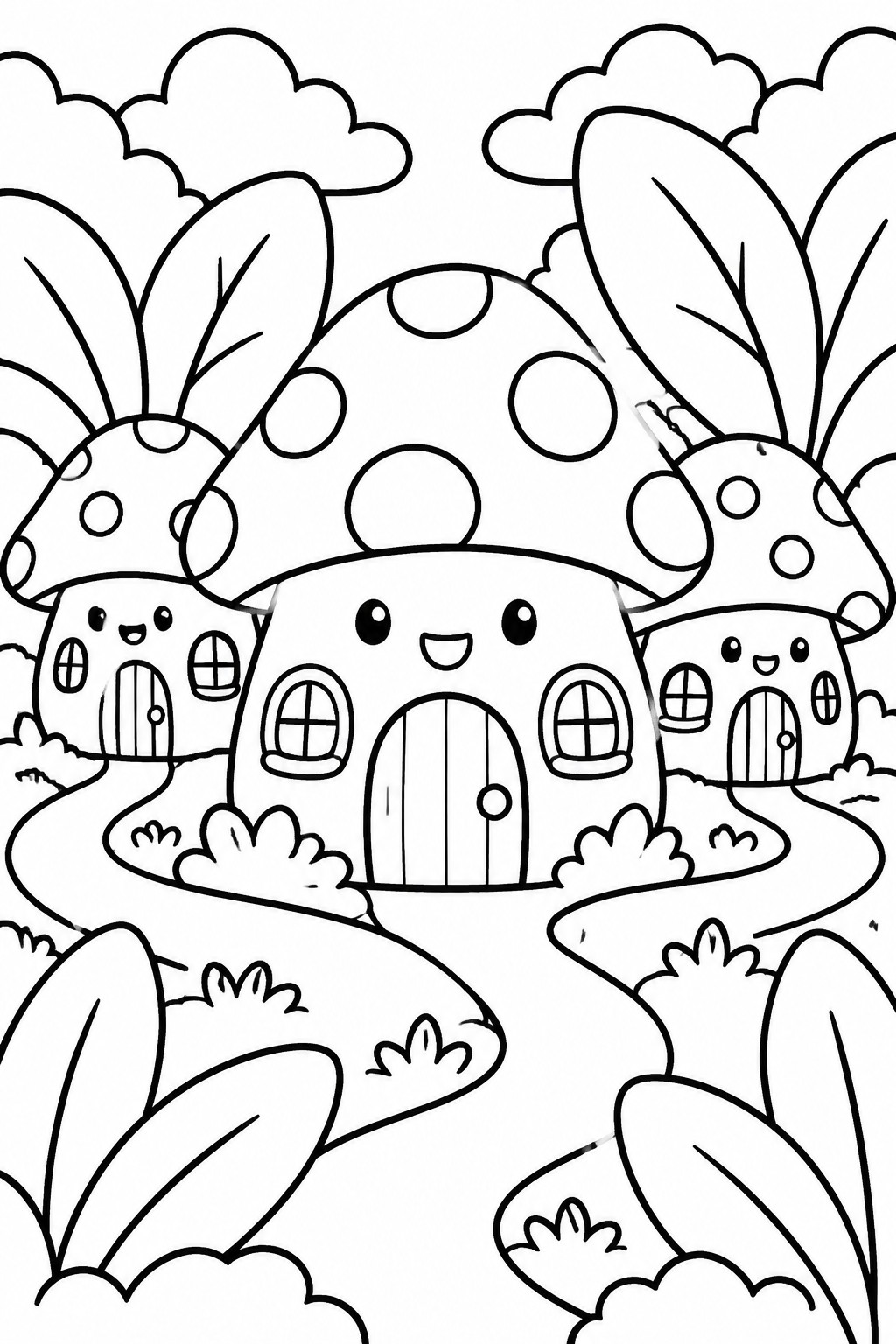 Three cute mushroom houses with faces along winding paths amid large leaves.