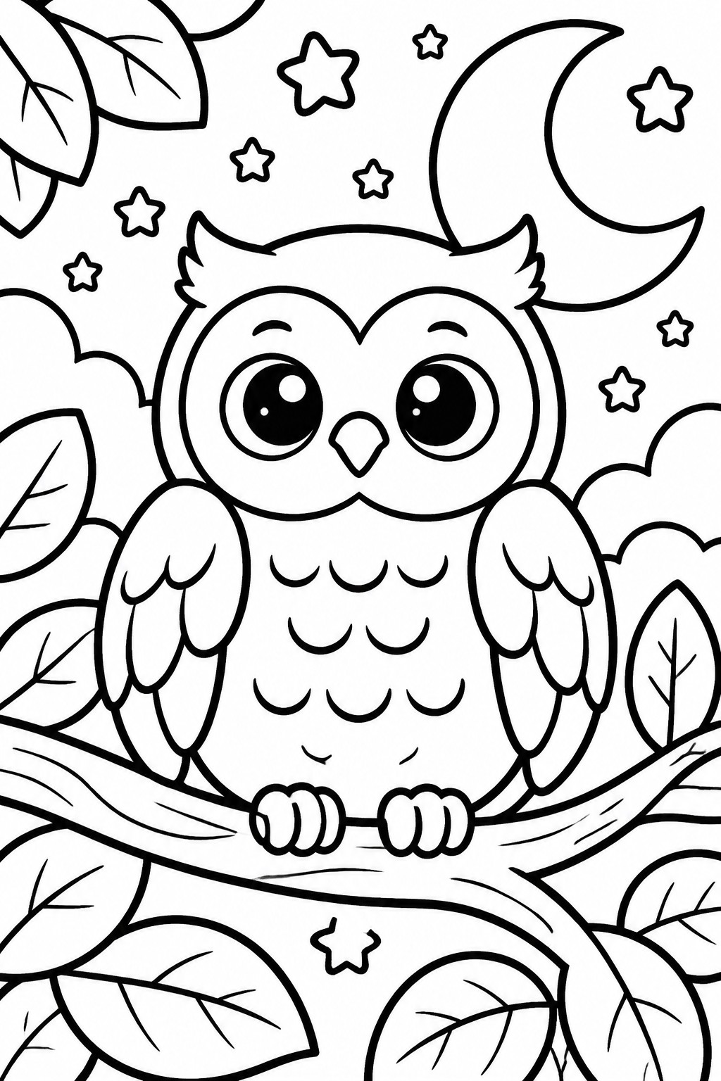 Cute cartoon owl perched on branch under crescent moon with stars and leaves