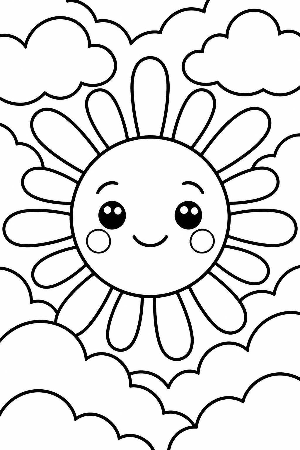 Cute cartoon sun with smiling face, big eyes, and rosy cheeks amid clouds