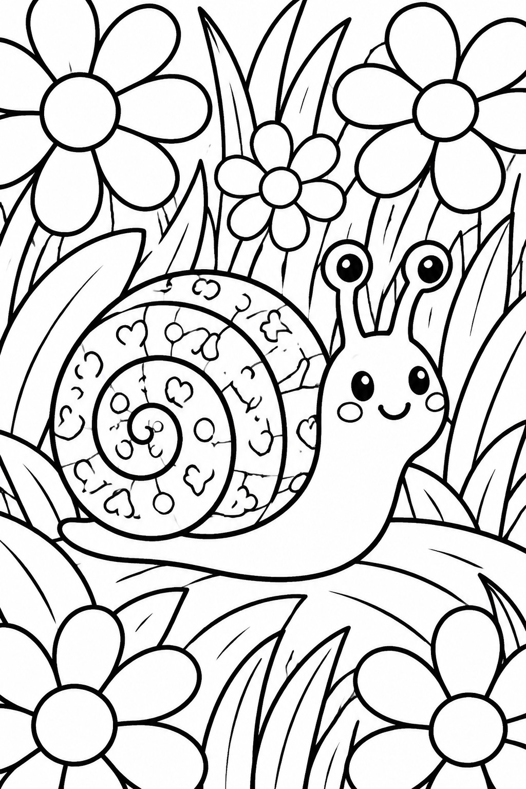 Cartoon snail with heart-decorated shell amid flowers, leaves, and grass in line art