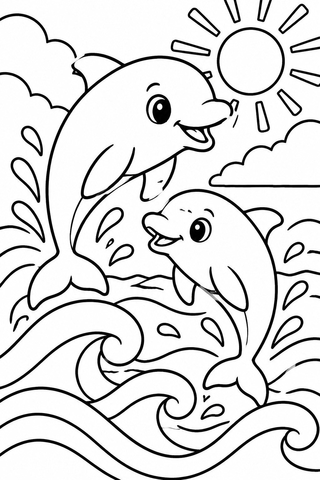 Two cartoon dolphins jumping out of wavy water with a sun and clouds above.