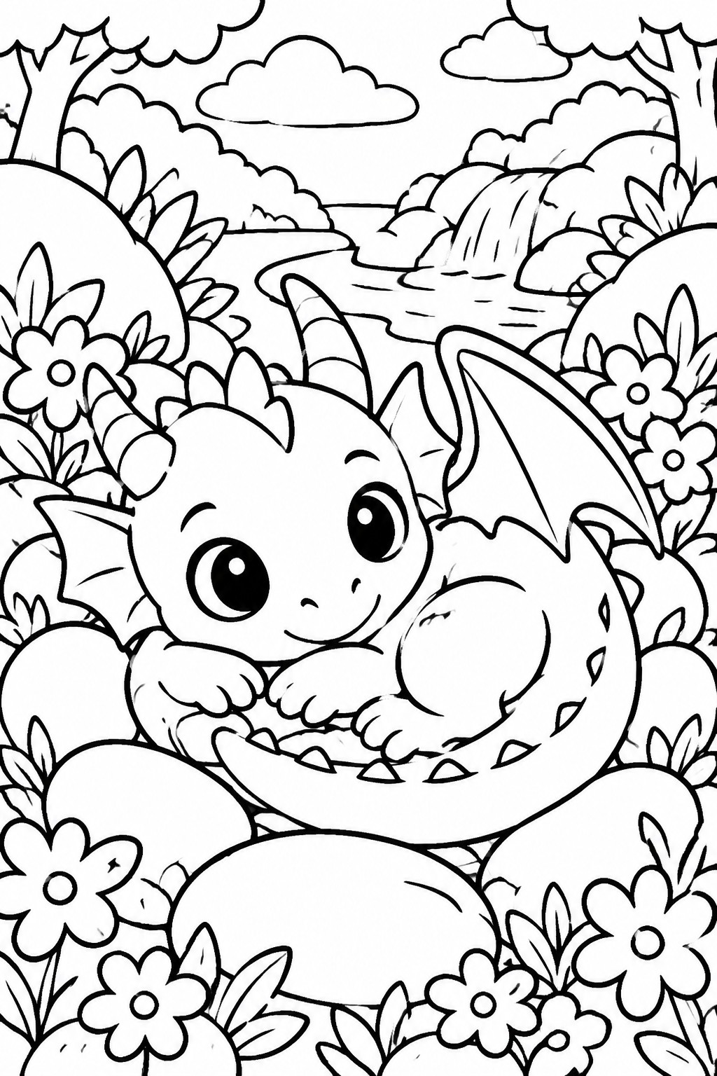 Cute baby dragon curled among flowers near river and waterfall in woodland scene