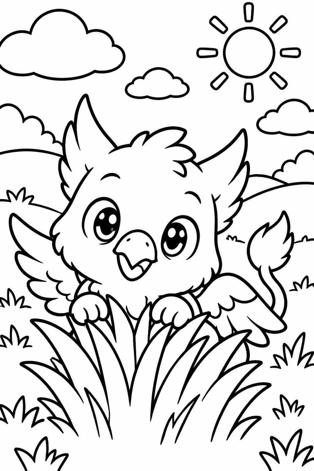 Cute cartoon bird with big eyes perched in tall grass under sun and clouds