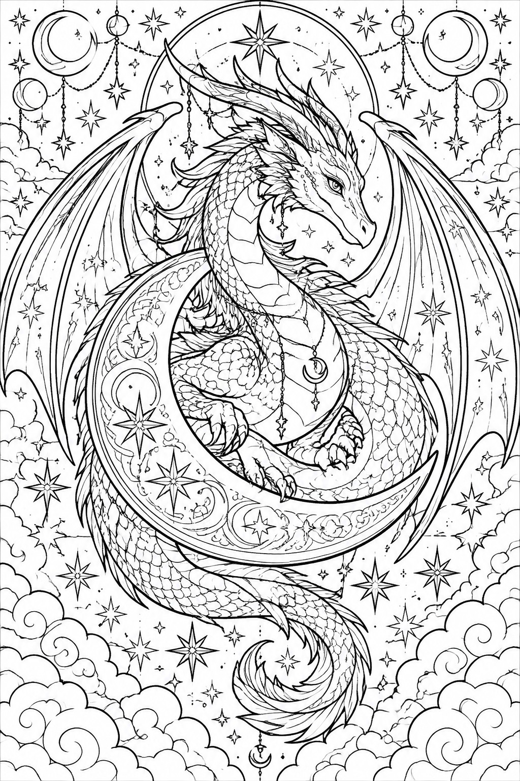 A black and white line drawing of a dragon curled around a crescent moon with stars, smaller moons, and clouds.