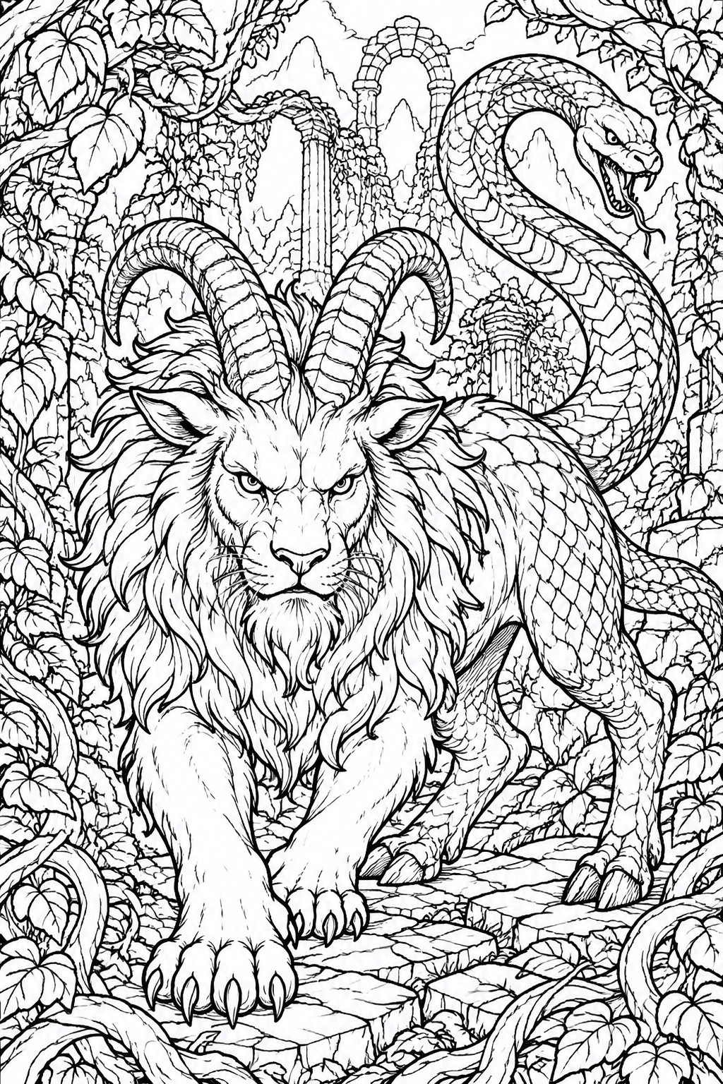 Intricate line art of a horned lion-serpent chimera amid vine-covered ruins.