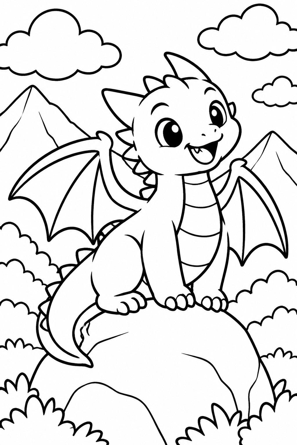 A black and white line drawing of a cute dragon sitting on a rock with mountains and clouds in the background.