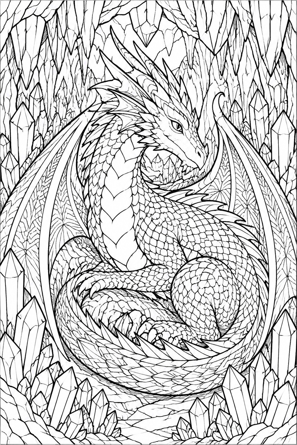 Line drawing of a dragon curled among tall crystal formations in a cave.