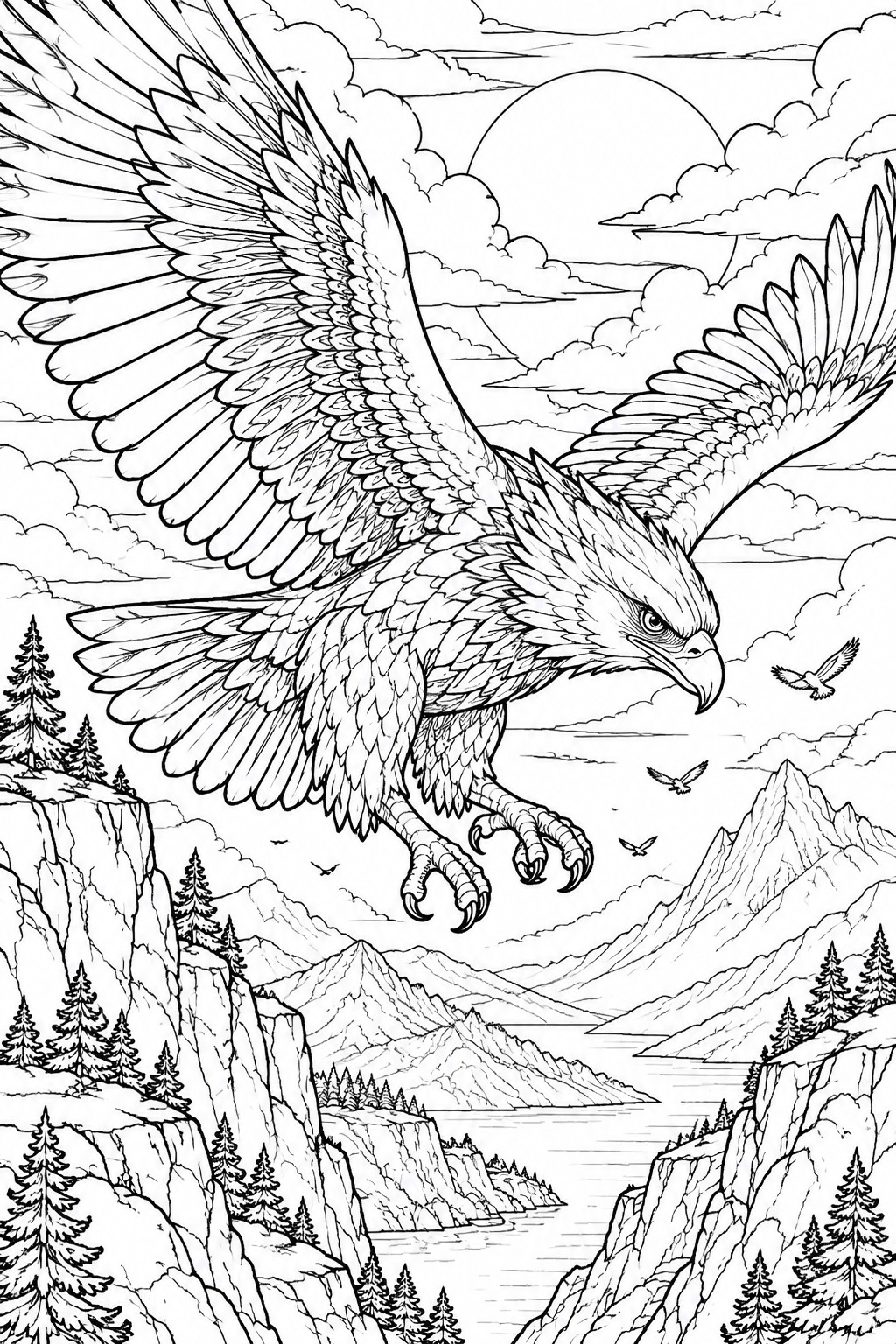 Majestic eagle soaring over mountains, cliffs, and lake in detailed line art.