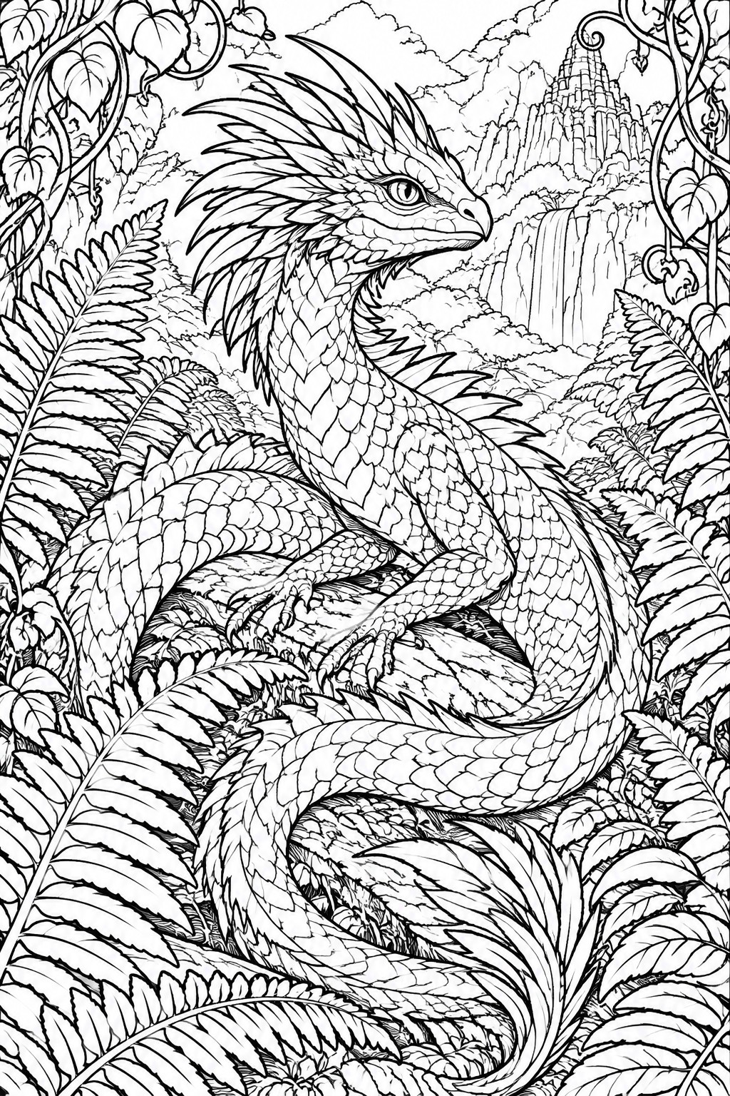 Black and white line art of a scaled dragon coiled among ferns with mountains and waterfall behind.