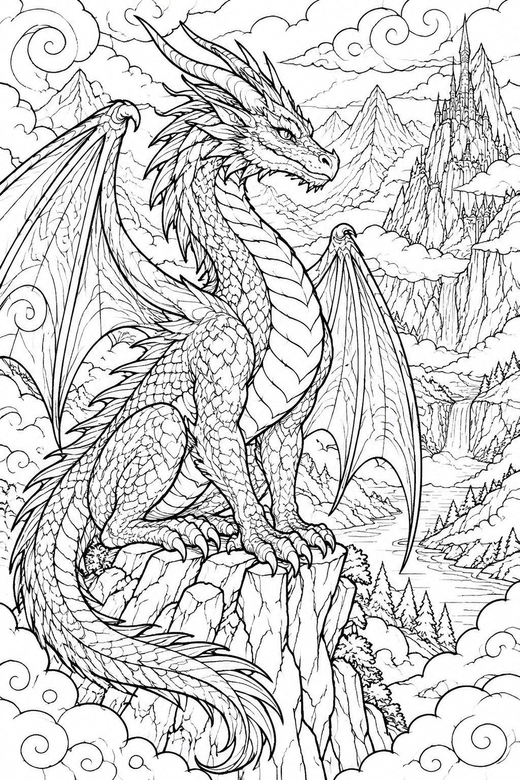 Intricate line art of a dragon perched on a cliff with fantasy castle and mountains behind