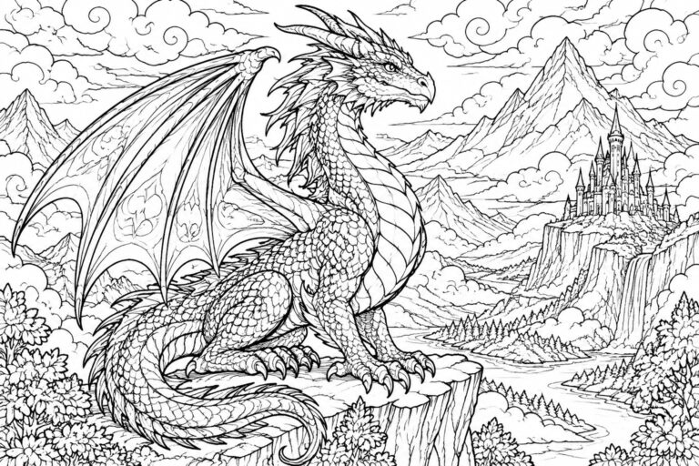 Intricate line art of a dragon perched on a cliff with fantasy castle and mountains behind