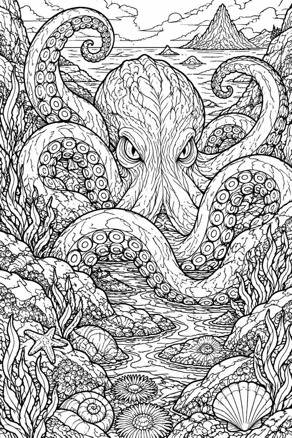 A black and white line drawing of a large octopus with detailed tentacles and suckers positioned in a rocky ocean cove with seaweed, shells, and distant mountains.