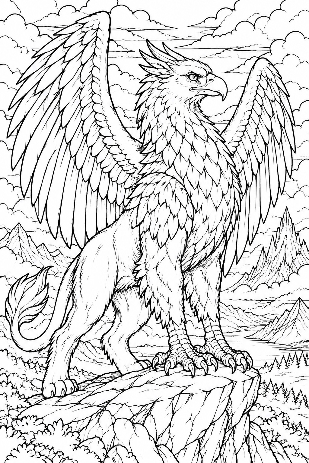 Black and white line drawing of a griffin with spread wings standing on a rocky cliff with mountains and clouds in the background.
