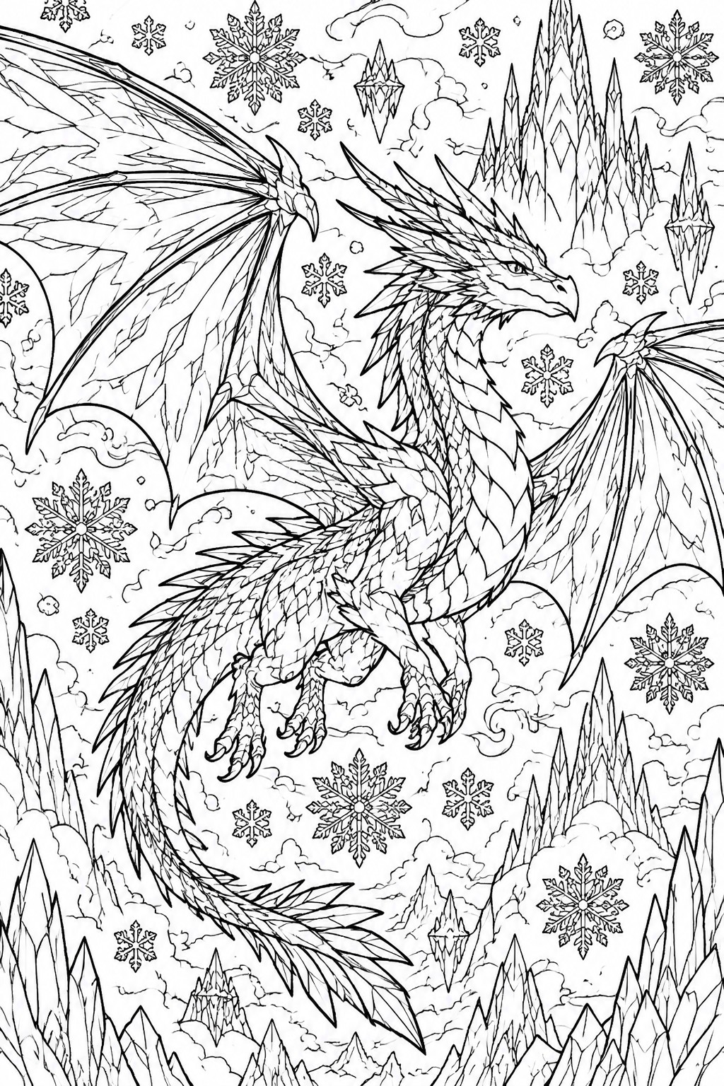 A black and white line drawing of a dragon flying over snowy mountains with snowflakes and crystals.
