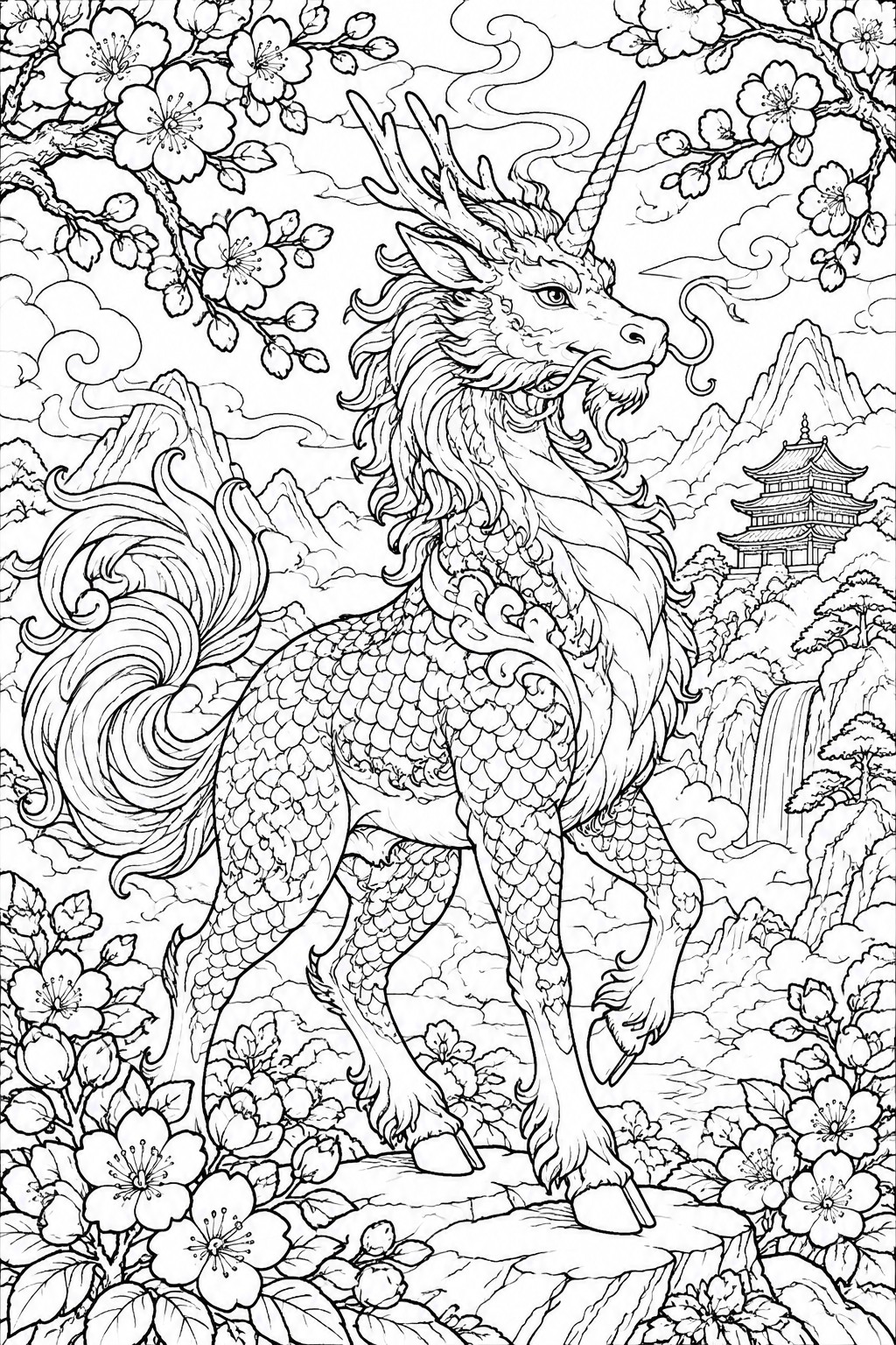 Detailed line art coloring page of a dragon-unicorn creature with scales and antlers in a mountain scene with cherry blossoms and a pagoda.